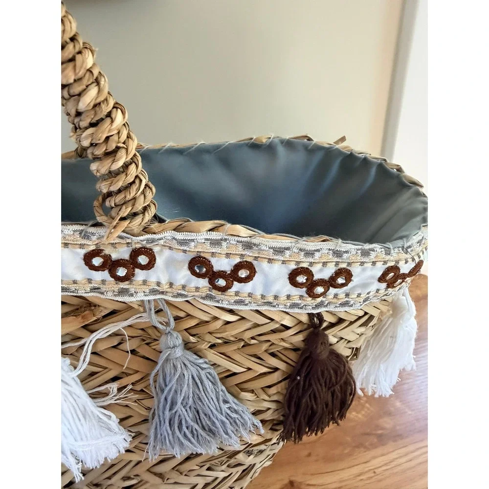 KikaHome Sicilian Straw Tote Bag Tassel Mirror Trim Large Natural Brown Gray